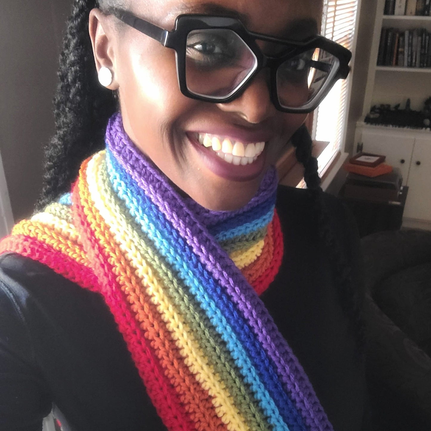 Wearing ribbed rainbow scarf