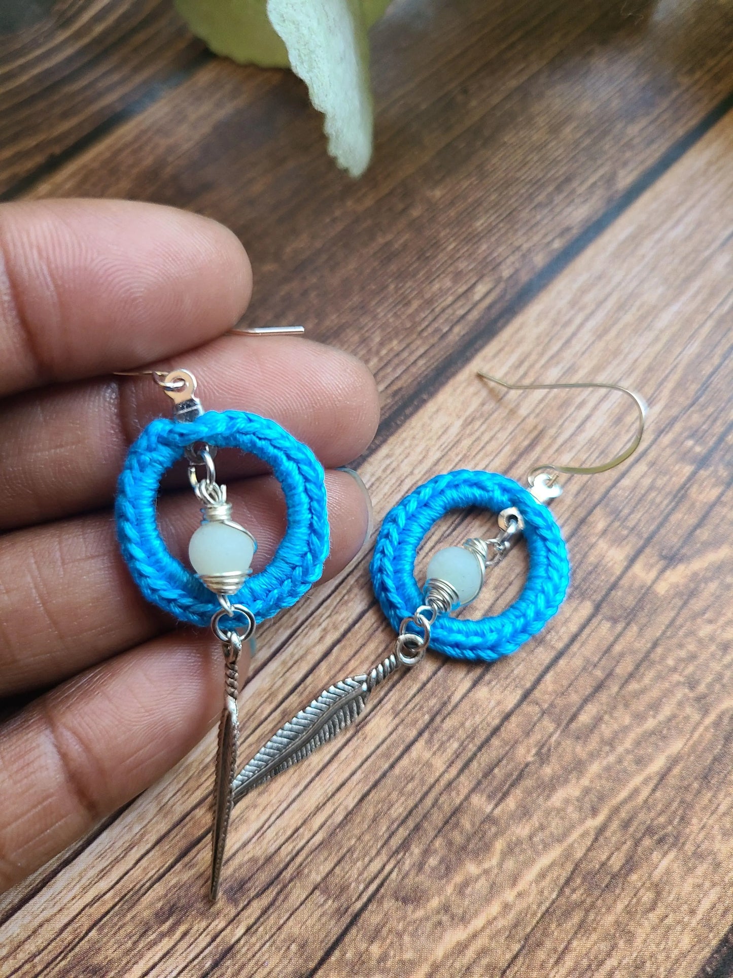 Amazonite Calm Earrings with feather SysaicKnotz