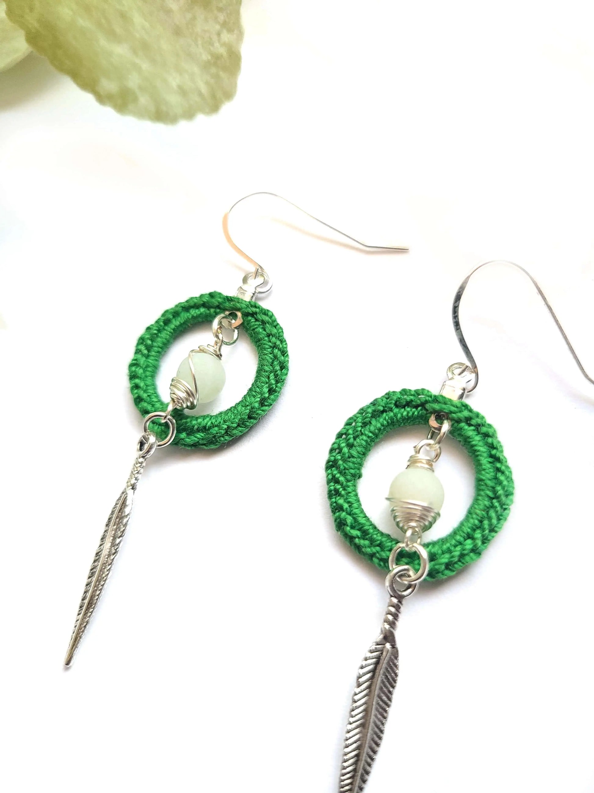 Amazonite Calm Earrings with feather SysaicKnotz
