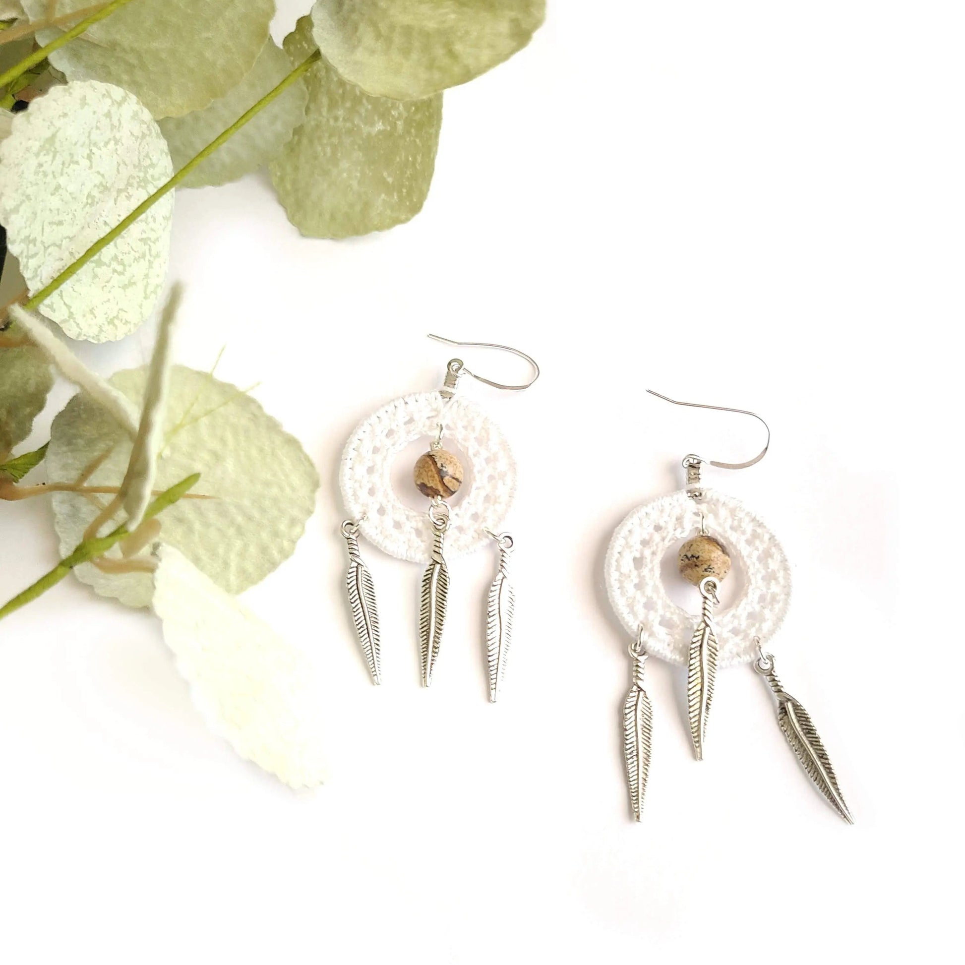 Picture Jasper Dangle Earrings with feathers SysaicKnotz