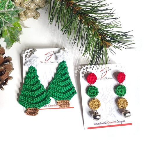 Christmas Tree and Bell Dangle Earrings on white background.