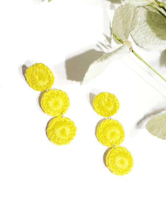 Spring Yellow Triple Dangle Circle Earrings.