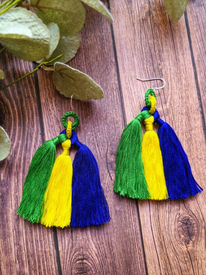 Green, Yellow, and Blue Tassel Earrings.