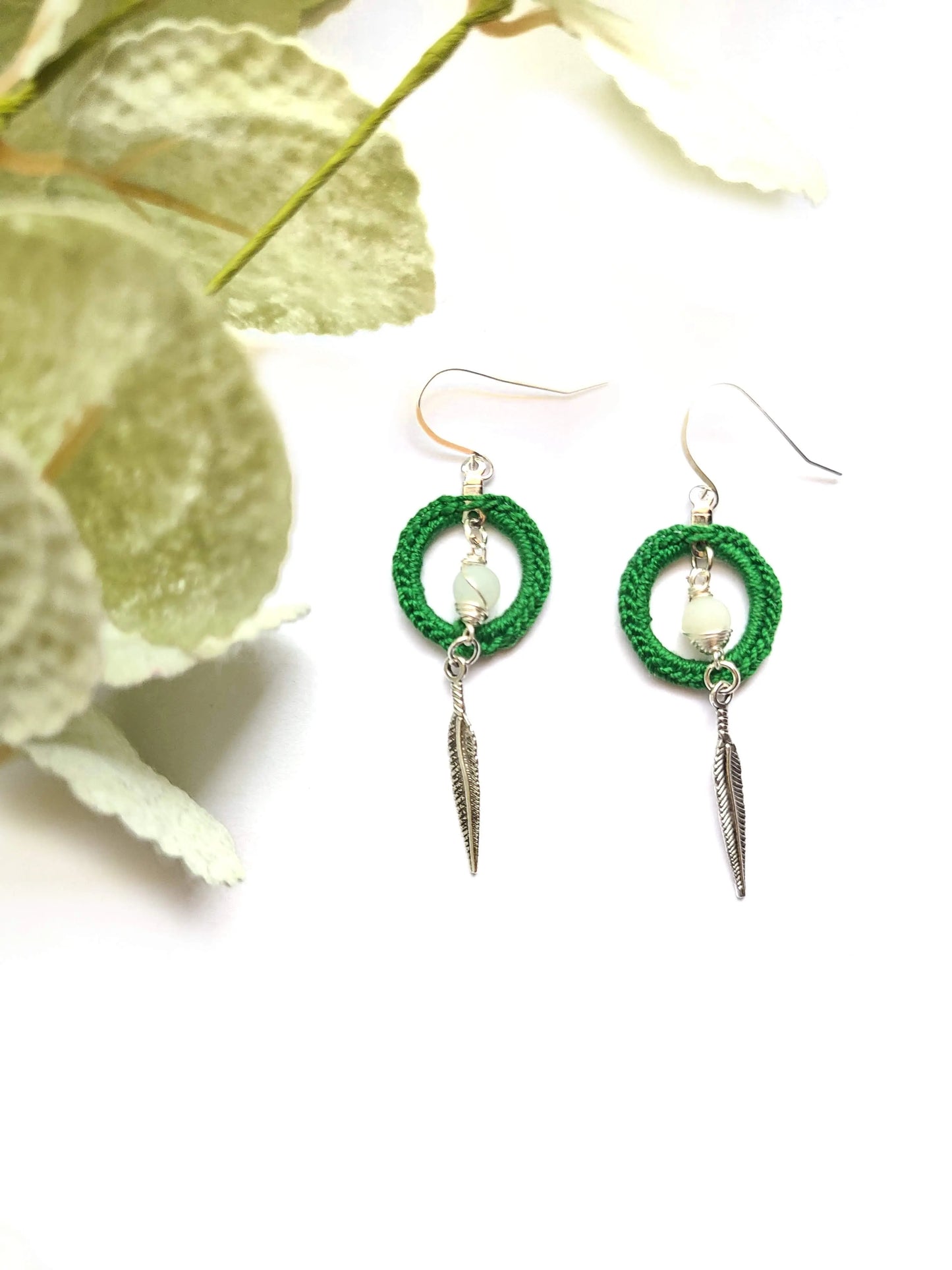 Amazonite Calm Earrings with feather SysaicKnotz